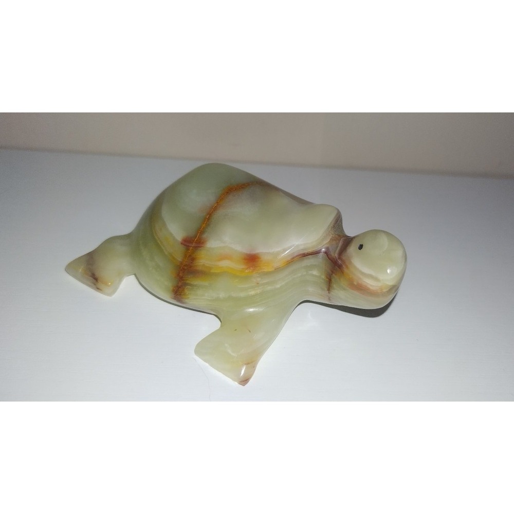 Vintage Hand-Carved Green Onyx Turtle Figurine – 4" Long – Natural Stone